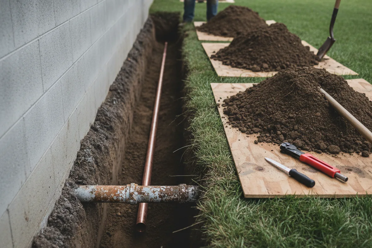 Excavated water line trench during Sewer Line Repair in Amboy
